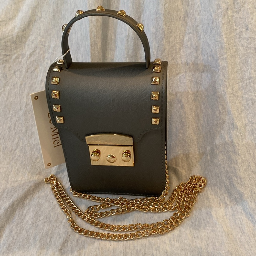 Elegant Gold RockStudded, Chain Strap, Crossbody Top Handle Bag Steel Gray NWT